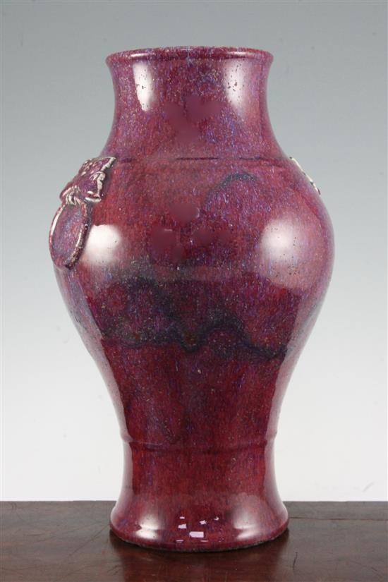 A Chinese flambe glazed baluster vase, Zun, 19th century, 38cm, damage to neck